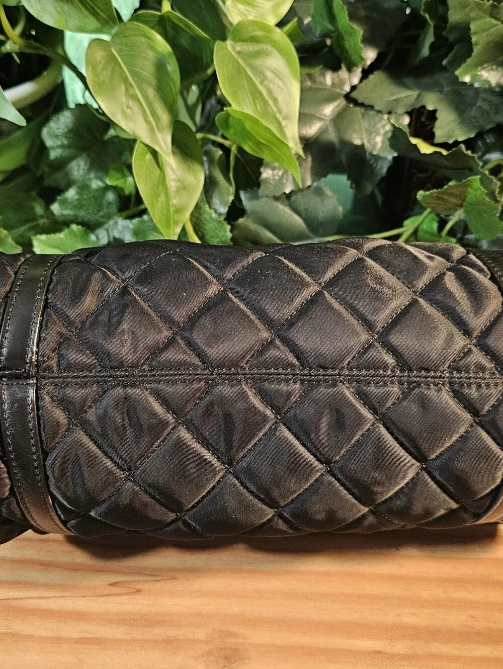 Talbots Black Quilted Barrel Bag Nylon Leather Trim Silver Hardware
